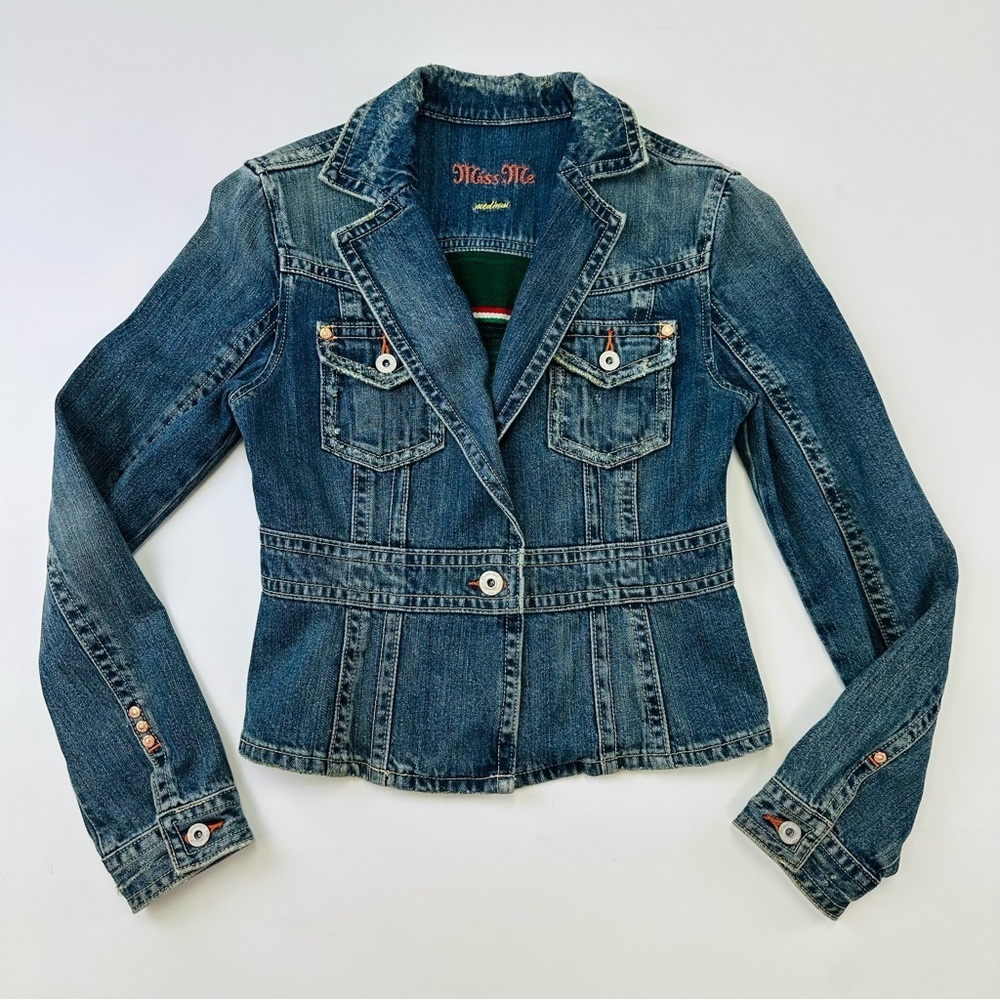 Miss Me Vintage distressed denim Jean jacket Fits Small serape blanket lining